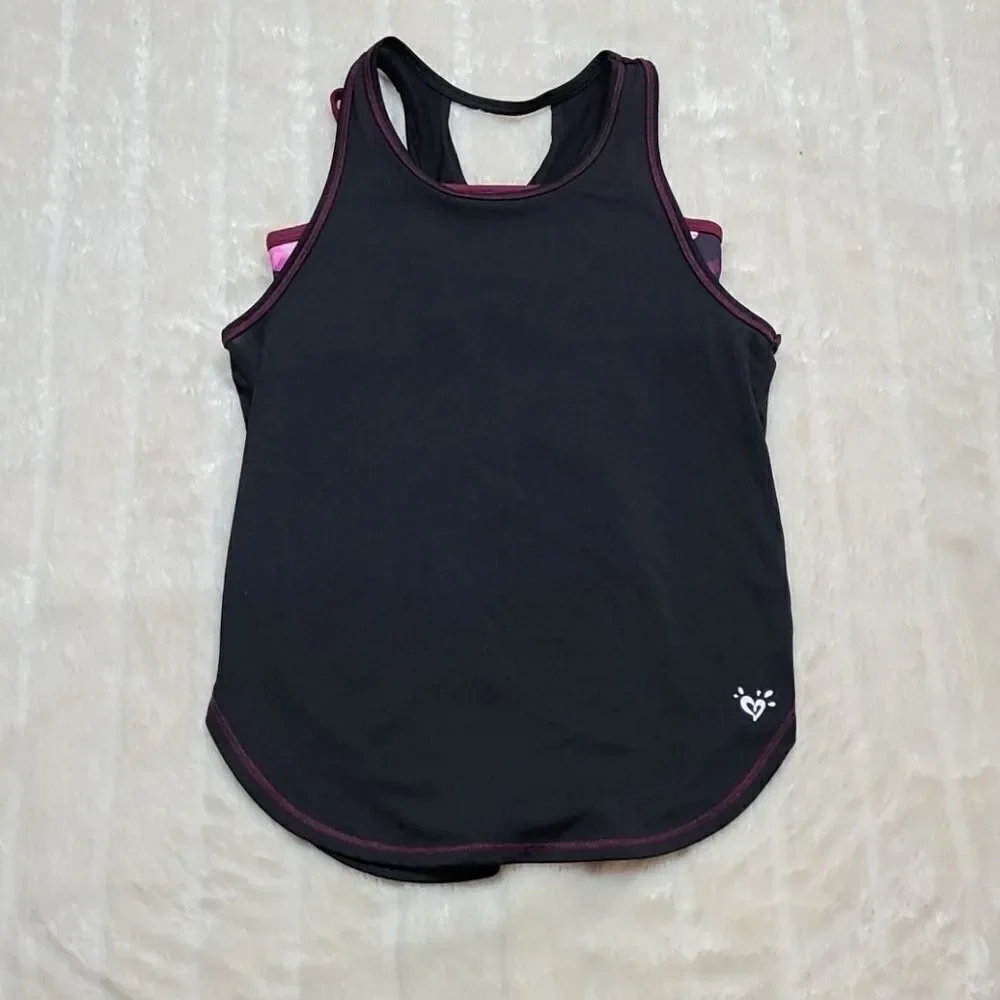 Justice Active Layered Sports Tank Top Black Pink Floral Athletic Tee Girls 10